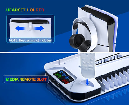 PS5 Cooling Station with USB Hub & Dual Controller Charging Dock for PS5/Slim/Pro, PlayStation 5 Stand Cooler with 3 USB Hubs, Headset Holder, Cooling Fan, Fits Disc & Digital Edition