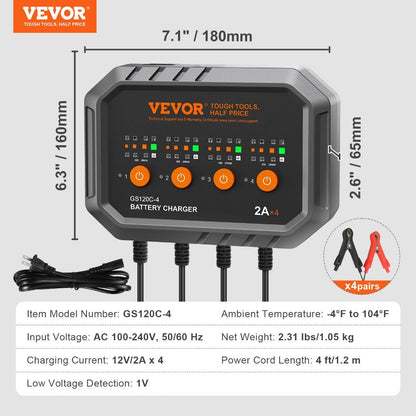 Smart Battery Charger 8A VEVOR Intelligent Charger & Maintainer for LiFePO4, AGM, Gel, SLA & Lead-Acid Batteries – 6V/12V Auto Charger for Car, Boat, Motorcycle, Lawn Mower & Golf Cart, 4-Bank Charging
