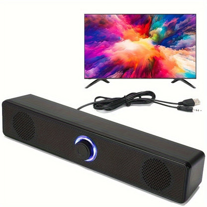 USB Wired Desktop Speaker Bar with 4D Audio Effect & Blue LED - Anti-Magnetic Stereo Sound, 3.5mm AUX Input, Independent Volume Control, for PC Laptop Computer Home Office
