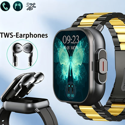 2-in-1 Smartwatch Earbuds Combo Steel & Mesh Strap for Men – Music Control Multiple Sports Modes Activity Tracking Black Silver Rose Gold Black Gold Smart Watch Earphone Gift