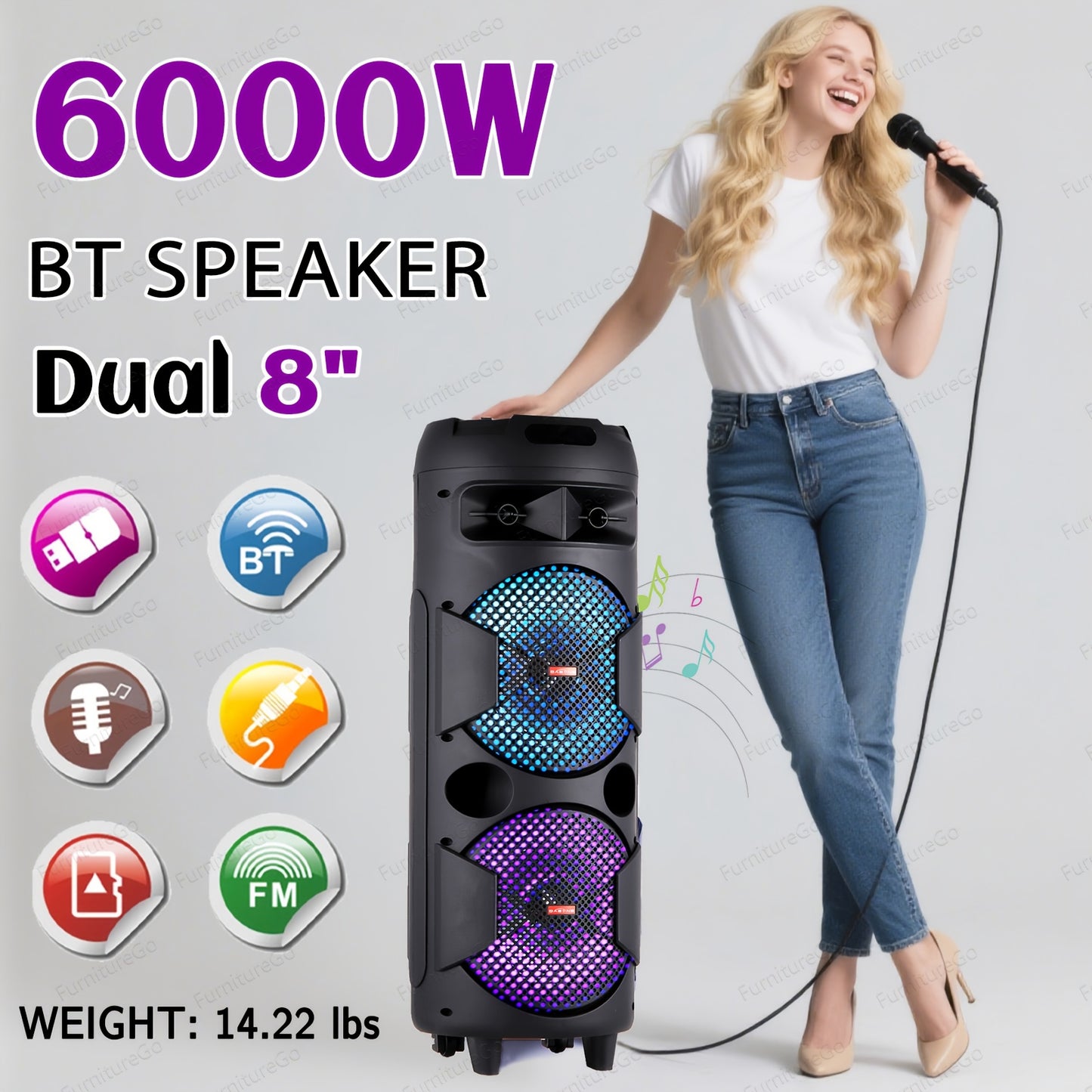 Wireless Party Speaker with Dual Subwoofers & RGB Lighting – FM Radio, USB/TF Card Playback, TWS Stereo Pairing, 20-Hour Battery, Portable Bluetooth Boombox for Outdoor & Indoor Parties