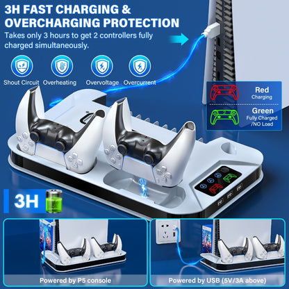 Auto Turbofan PS5 Cooling Stand with 3-Level Speed Control & Dual Controller Charger for PS5 / PS5 Slim / PS5 Pro – Charging Station for All PlayStation 5 Console Editions, Great Christmas Gift