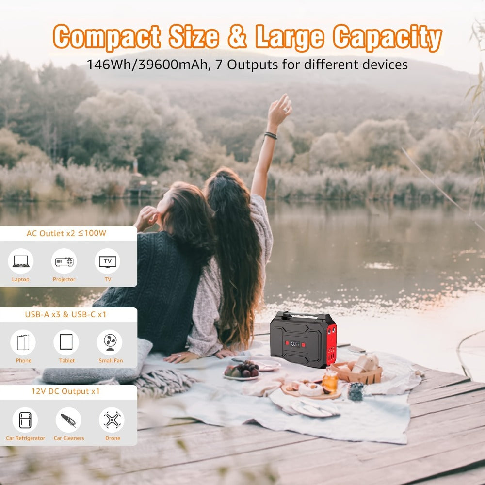 100W 146Wh Portable Power Station Solar Generator with 40W Foldable Solar Panel, 146Wh Backup Battery for Camping Hiking RV Emergency, AC DC USB USB-C Output, LED Flashlight, Fast US Shipping