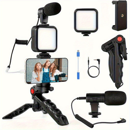 Cardioid Microphone Vlogging Kit for Phone with Mini LED Video Light & Pistol Grip Tripod – Portable Content Creation Setup for YouTube TikTok Instagram Live Streaming Video Calls iPhone Android