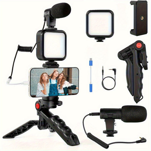 Cardioid Microphone Vlogging Kit for Phone with Mini LED Video Light & Pistol Grip Tripod – Portable Content Creation Setup for YouTube TikTok Instagram Live Streaming Video Calls iPhone Android