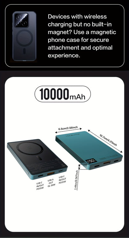 35W USB-C PD Magnetic Power Bank 10000mAh MagSafe Compatible, 30W QC 3.0 Wireless Fast Charging Portable Charger with PPS Support for iPhone 17 16 15 14 13 12 Android Samsung Galaxy