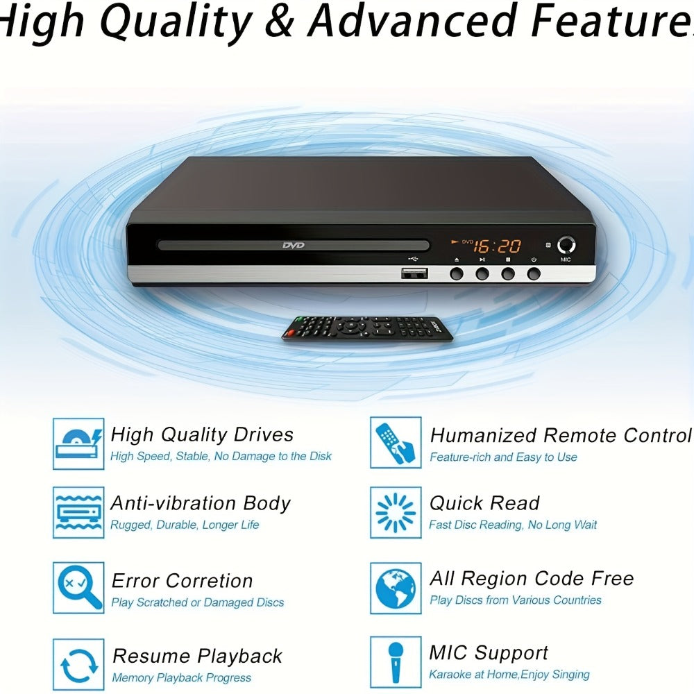 Karaoke DVD Player for Home with Remote Control – All Region CD DVD Player USB Port, Plays DVD CD CD-R CD-RW VCD SVCD DivX MP3, Compact Mini DVD Player for TV HD Picture Quality, Black