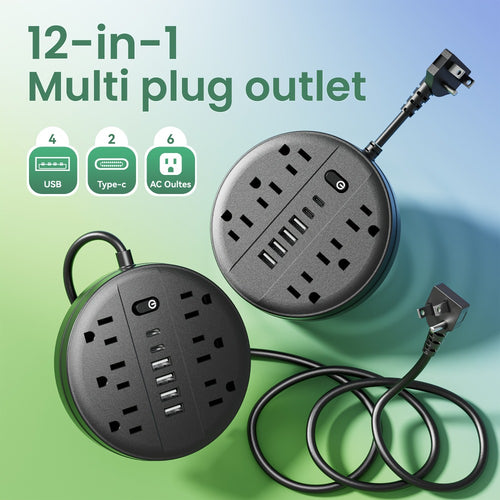 Wall Mount Power Strip Surge Protector 12-in-1 with 6 AC Outlets 4 USB-A 2 USB-C Ports Portable Compact Multi-Outlet Charging Station Wall-Mountable Extension for Home Office School – Black & White
