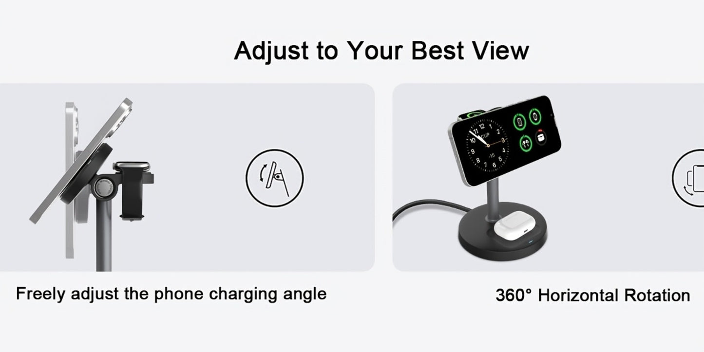 3-in-1 Wireless Charging Station 6 Colors Fast Qi Charger for iPhone 17/16/15/14/13/12, Apple Watch Ultra/Series 11/10/9/SE & AirPods 4/3/2 Pro – Anti-Slip Foreign Object Detection | Pink White Black Purple Green Blue