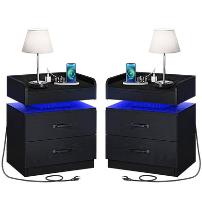 Wooden Nightstand with LED Ambient Light & Charging Station – Fabric Drawer, Blue Glow, Modern Bedside Table for Bedroom Living Room End Table, Black or White (Single or 2-Pack)