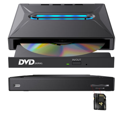 8-in-1 Luminous External CD DVD Drive USB 3.0 & Type-C - Portable CD/DVD±RW Burner Player Hub with 3 USB Ports, TF/SD Card Reader, Compatible with Laptop Desktop PC Windows Linux