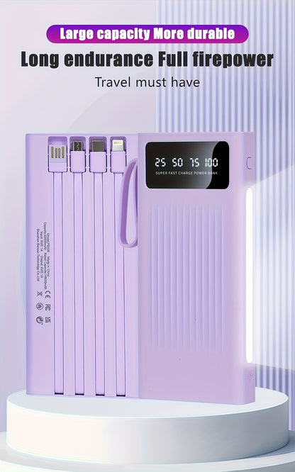 30000mAh Large Capacity Power Bank 15W Fast Charging with 4 Built-In Cables & 4-Mode Camping Light, Business Minimalist Portable Charger 10000mAh 20000mAh Compatible with iPhone Android – Black Purple White