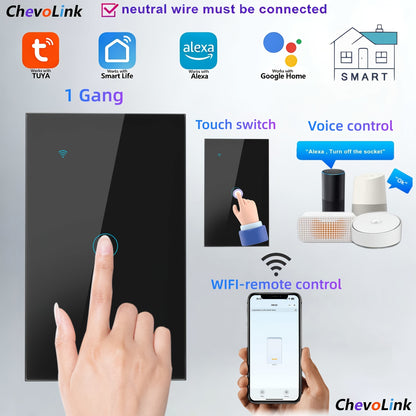Black Tempered Glass WiFi Smart Light Switch 1/2/3/4 Gang – US Standard, Works with Alexa & Google Home, Tuya App, Smart Scenes, Timer, Voice & App Control, Neutral Wire Required, 100-240V