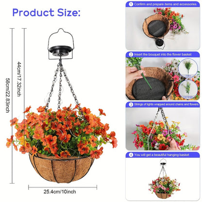 Solar Hanging Flower Basket with RGB String Lights – 10 Inch Artificial Flowers, Dusk-to-Dawn Auto On, Waterproof Outdoor Decor for Patio, Garden, Balcony & Front Porch | Pink Purple Orange