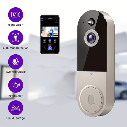 2K WiFi Doorbell Camera Wireless Smart Doorbell with AI Snapshot, Night Vision, Two-Way Intercom, Photo & Video Recording, Local Storage, Rechargeable Battery, Motion Detection, Black Linen