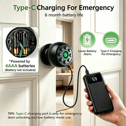 Matte Black Smart Door Knob Lock with Fingerprint & Keypad, App Control, Auto Lock, Keyless Entry Biometric Door Knob for Bedroom Home Office Interior Door, Easy DIY Install