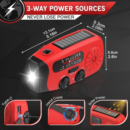 NOAA Emergency Weather Radio Solar Hand Crank with 2000mAh Power Bank & LED Flashlight – AM/FM/NOAA Portable Survival Radio, USB Charging, Solar Powered, Hurricane & Winter Storm Preparedness Gear