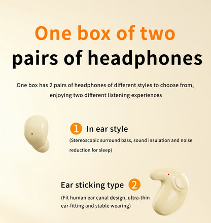 Invisible Sleep Wireless Earbuds 2 Pairs, Mini In-Ear Earphones HiFi Sound Noise Reduction Bass Touch Control Digital Display Long Battery Type-C, for Office Leisure Sport Sleep Men Women