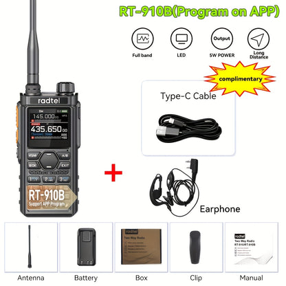 Tri-Band Ham Radio Handheld Walkie Talkie Radtel RT-910B, 6M VHF UHF Air Band Two-Way Radio, APP Programming, NOAA Weather Alert, 960 Memory Channels, USB-C Charging, Long Range Transceiver for Outdoor Camping Hiking Survival Aviation Enthusiasts
