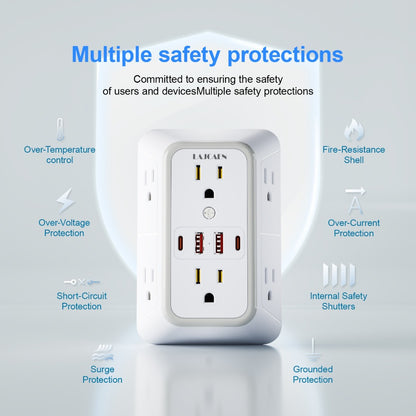 3-Sided Wall Outlet Extender 10-in-1 with 6 AC Outlets & 4 USB Ports (2 USB-A & 2 USB-C), 1050J Surge Protector Multi-Plug Adapter for Home, Travel, Office & College