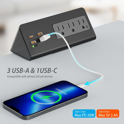 Desk Edge Mount Power Strip 7-in-1 with PD 20W USB-C Fast Charging, Screw & Clamp Mount, 5.6ft Extension Cord, Power Indicator Light – Under-Desk Charging Station for Office, Dorm & Hotel