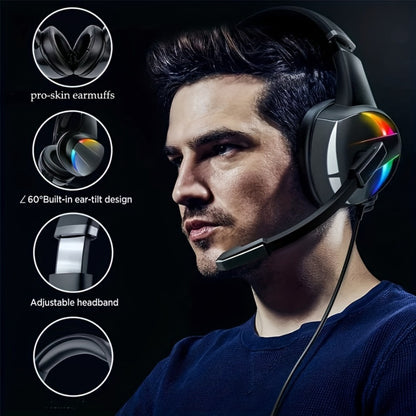 LED RGB Gaming Headset Surround Sound 50mm Driver Noise Canceling Mic Ergonomic Over-Ear Headphones for PS5 PS4 PC Laptop Gamers ESports USB 3.5mm Gaming Accessories