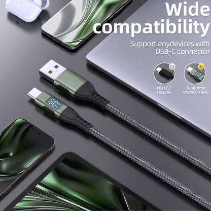 USB-A to USB-C Cable with LED Digital Display, 3A Fast Charging & 480Mbps Data Sync, Nylon Braided Anti-Overheat, for iPhone 15 Samsung Galaxy LG Android – Green (1pc/2pcs)
