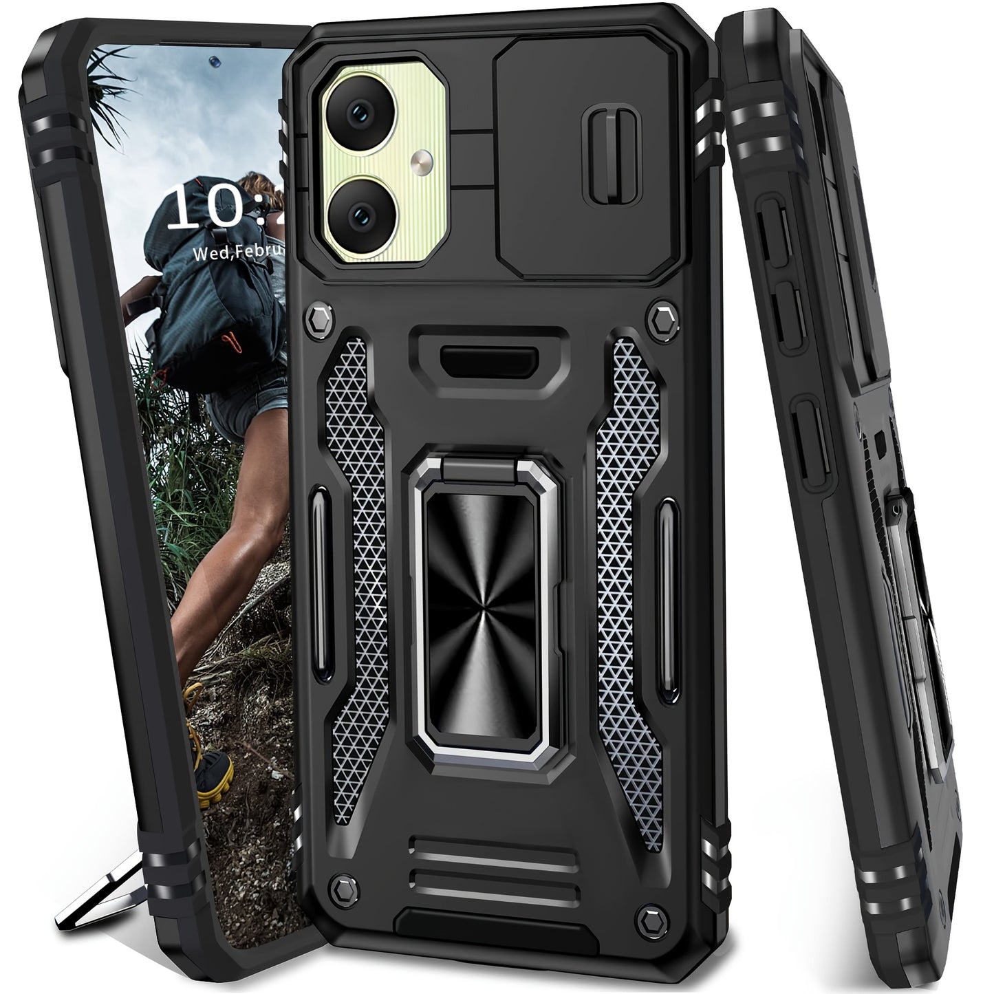 Samsung Galaxy Shockproof Magnetic Phone Case with 360° Rotating Ring Bracket & Sliding Lens Protector – Heavy Duty Cover for S24FE S23FE S22 S21FE Ultra A55 A54 A35 A34 A25 A24 A16 A15 A14 A06 A05 A05S 5G