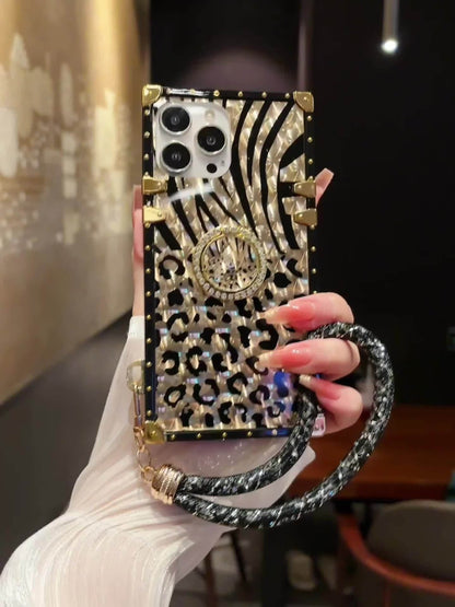 Leopard Print Samsung Galaxy Case Ring Holder Kickstand Anti-Drop Rectangular Cover for Galaxy S25 Ultra Plus S24 Ultra Plus FE S23 Ultra S22 Ultra S21 Ultra A56 A55 A54 A36 A35 A16 A15 A14 – Fashion Girly