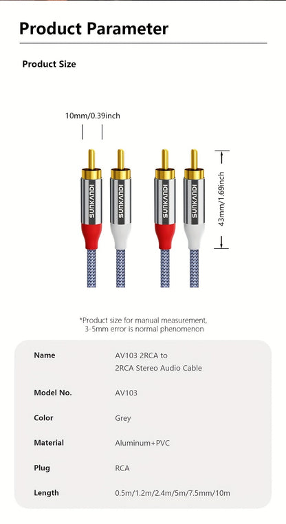 Gold-Plated 2RCA to 2RCA Stereo Audio Cable High-Fidelity Sound for Home Theater HDTV Gaming Consoles Hi-Fi Systems Amplifiers DVD Players Stylish Gold Connectors Lossless Audio Transmission