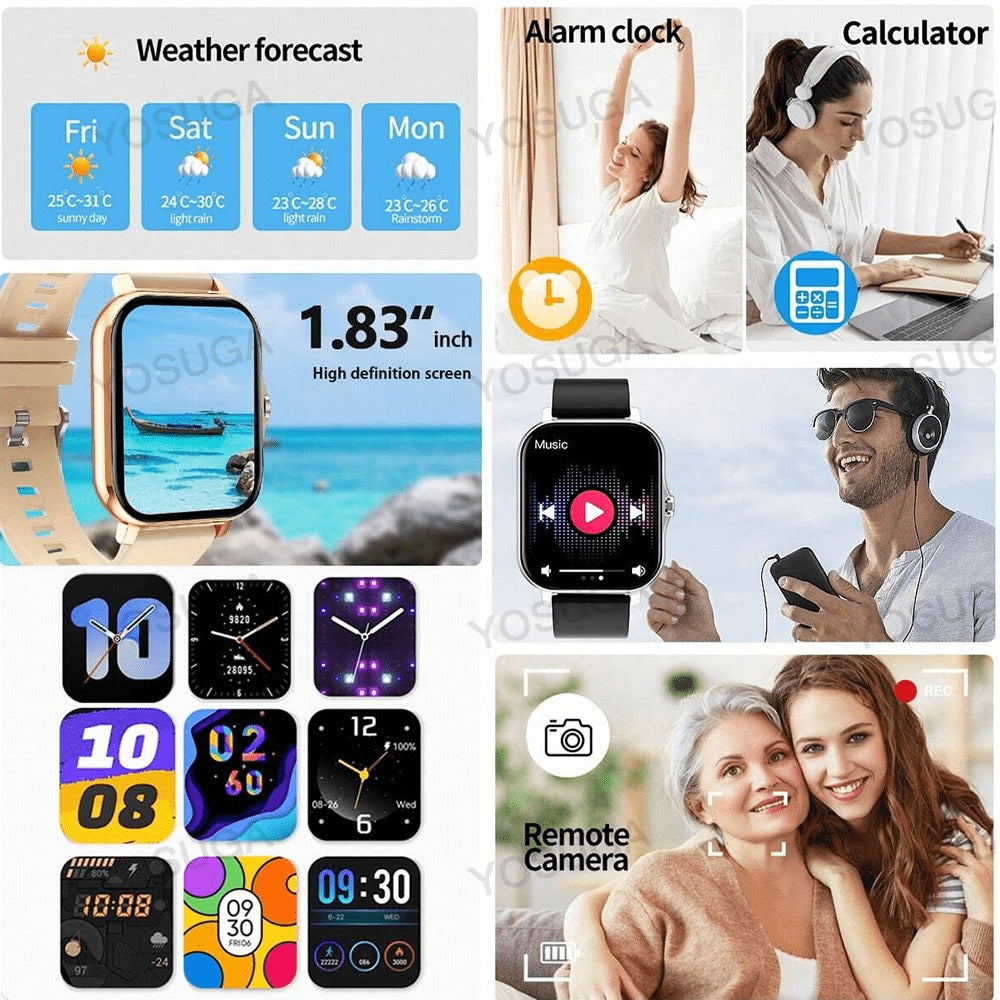 Smartwatch with Extra Strap Set, 1.83" Touch Screen, Wireless Calling, Multiple Sport Modes, Alarm Clock, Pedometer & Step Counter, USB Lithium Battery – Unisex Gift Compatible with iOS & Android