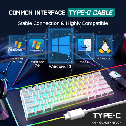Blue Switch RGB Mechanical Keyboard 60% Layout – 61 Keys Ultra-Compact Wired Tenkeyless Design for PC, Laptop & Mac | Clicky Tactile Gaming & Typing Keyboard | Black & White Color Options