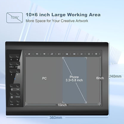 Graphics Drawing Tablet 10x6 Inch, 8192 Levels Pressure Sensitivity Battery-Free Stylus, 12 Programmable Shortcut Keys, 30 Replacement Tips, Tilt Support, Compatible with PC Mac Android – Digital Art, Illustration & Online Teaching