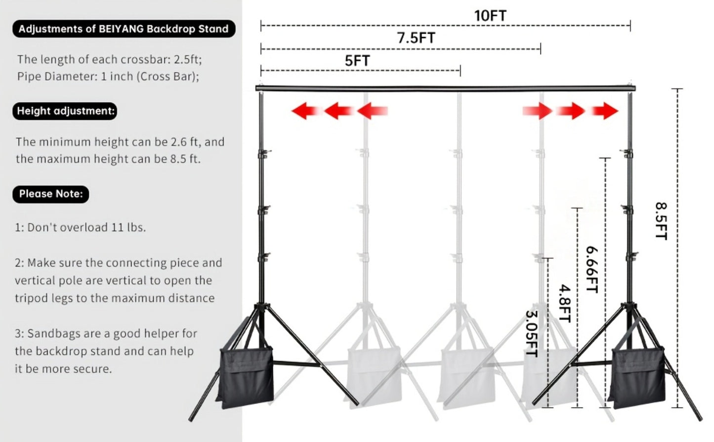 Photography Background Stand 10x8.5 FT Adjustable – Photo Backdrop Support System for Video Studio, Portrait & Streaming with Portable Carry Bag & Clamps Included