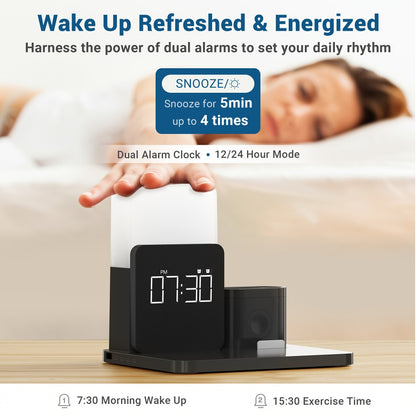 Alarm Clock 3-in-1 Wireless Charging Station with Clock Display – Bedside Charging Dock for iPhone 16 15 14 13 12 & Samsung Galaxy, Charges Phone Watch & Earbuds Simultaneously | Black White Gray