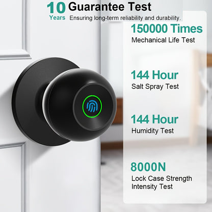 K10 Rechargeable Smart Door Knob with Fingerprint & App Control - 3-in-1 Keyless Entry, Entrance/Passage/Privacy Mode, Built-In Lithium Battery, No Battery Replacement, Matte Black & Brushed Nickel