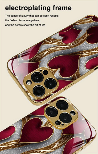 Golden Heart Phone Case Luxury Aesthetic Slim Fit iPhone 17 16 15 14 13 12 11 Pro Max Plus XS XR Samsung Galaxy S25 S24 S23 S22 A-Series Cute Girly Gift Cover Red Gold Design
