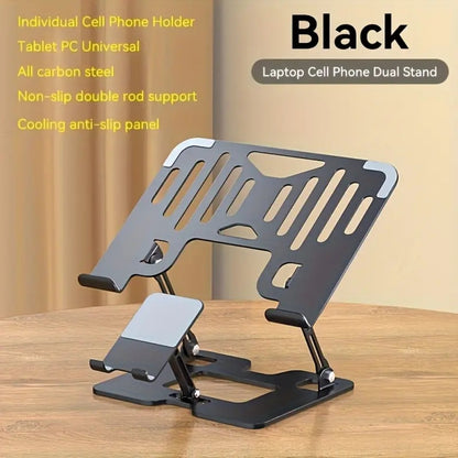Adjustable Laptop Stand 2-in-1, Carbon Steel Ergonomic Computer & Phone Stand, 180° Height Adjustment, Foldable Portable Desk Stand for MacBook, Tablet, Mobile Phone – Silver/Black