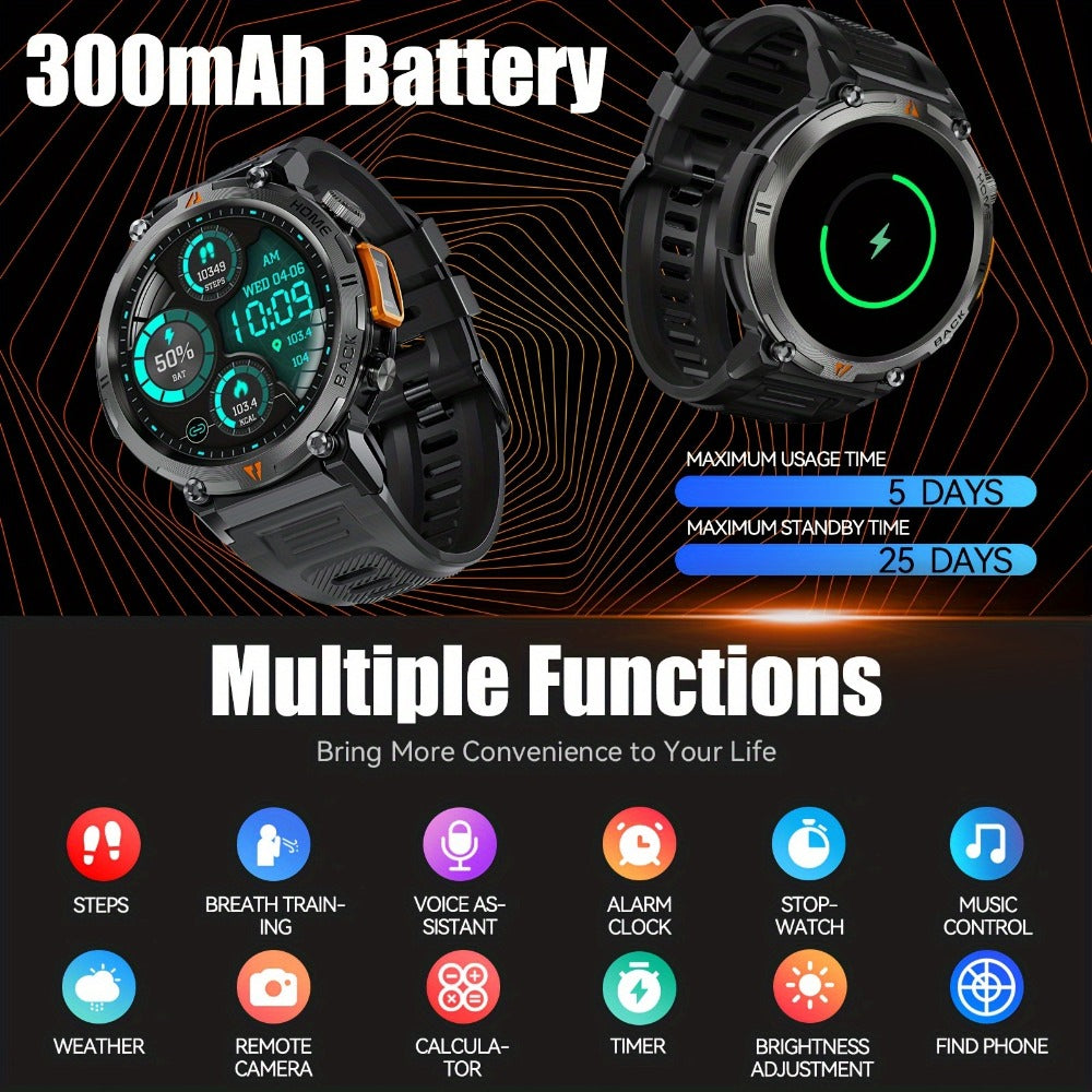 Men's Smartwatch with Bluetooth Calling & Message Notifications, 1.45" HD Touch Screen, IPX8 Waterproof, Step Counter, 300mAh 5-7 Day Battery, Steel & Silicone Strap – Smart Watch Compatible with iPhone & Android