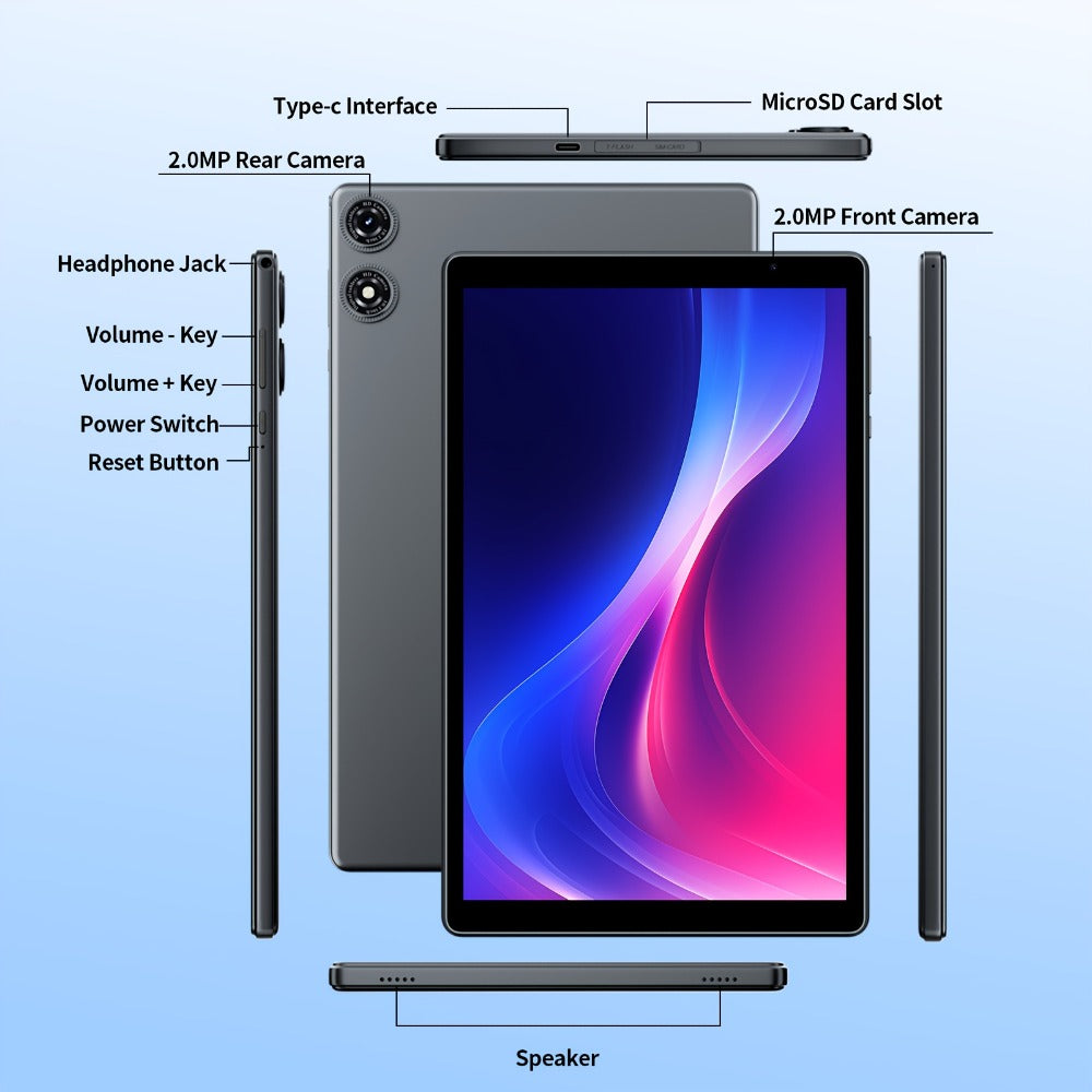 2-in-1 Tablet 10.1 Inch Android 15 8GB RAM 32GB ROM 1TB Expandable 6000mAh Battery WiFi Dual Camera with Optional Keyboard Mouse Protective Case & Stylus Pen – Gray