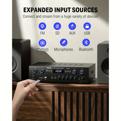 Donner 4-Channel Home Stereo Receiver Amplifier with USB SD FM Radio, Dual Mic Input Echo, RCA, LED Display for Home Sound System Karaoke Living Room