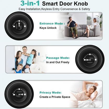 K10 Rechargeable Smart Door Knob with Fingerprint & App Control - 3-in-1 Keyless Entry, Entrance/Passage/Privacy Mode, Built-In Lithium Battery, No Battery Replacement, Matte Black & Brushed Nickel