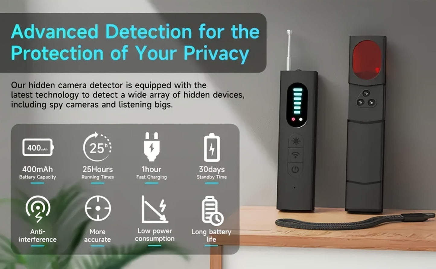 Anti Spy Hidden Camera Detector RF Signal Scanner Portable Bug Detector, GPS Tracker Finder, Listening Device Detector, Rechargeable Wireless Security Sweep Tool for Travel Hotel Airbnb Car Home Office