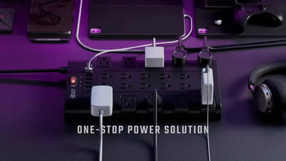 Gaming Room Surge Protector Power Strip 28-in-1 with 22 AC Outlets 6 USB Ports 24W 2100 Joules 1875W 15A Flat Plug Wall Mount Switch 5 7 13ft Extension Cord for Home Office Dorm Gaming Setup – Black