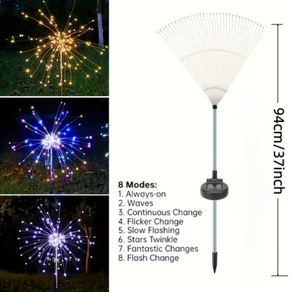 Solar Firework Stake Lights Outdoor 2 Pack - Touch Control Dimmable Starburst Ground Lights Warm White & Colorful 120 to 840 LEDs for Garden Pathway Lawn Party Wedding Christmas Halloween Decoration