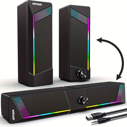 2-in-1 RGB Gaming Computer Speakers Wired, PC Desktop Laptop Soundbar with Subwoofer, Volume Control, RGB Ambient Light, USB Powered, 3.5mm Aux Input for Home Office Gaming
