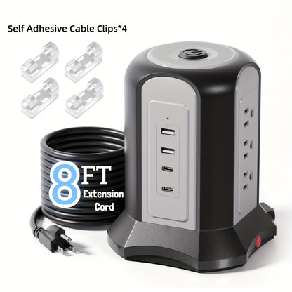 Surge-Protected Power Tower 13-in-1 with Wireless Charger, 9 AC Outlets & 4 USB Ports (2 USB-C PD18W), 1080J Surge Protector, 8ft Extension Cord – Multi-Color for Home Office Dorm