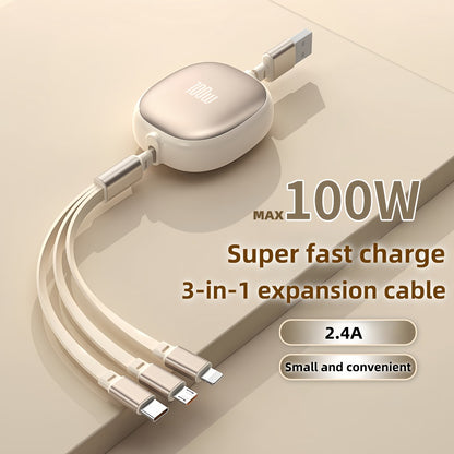 Retractable 3-in-1 Charging Cable 100W Fast Charge – USB-C Micro USB Lightning Multi Connector 1.2m 480Mbps Data Sync for iPhone 15 14 13 12 11 Samsung Galaxy Android – Tangle-Free Travel Cable 6 Colors