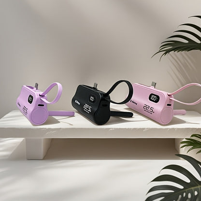 Mini Capsule Power Bank 5000mAh 22.5W Fast Charging Portable Charger Dual USB-C USB-A Pocket Sized for iPhone Android Samsung Travel Everyday Carry Black Pink Purple
