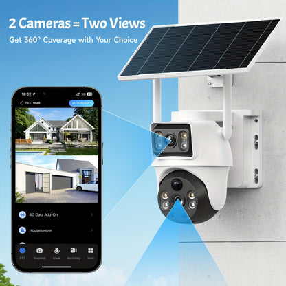 4K Solar Security Camera Outdoor Wireless – 360° PTZ Dual Lens PIR Motion Detection, Full Color Night Vision, Spotlight Siren Alarm, Two-Way Audio WiFi Camera for Home, Farm & Ranch